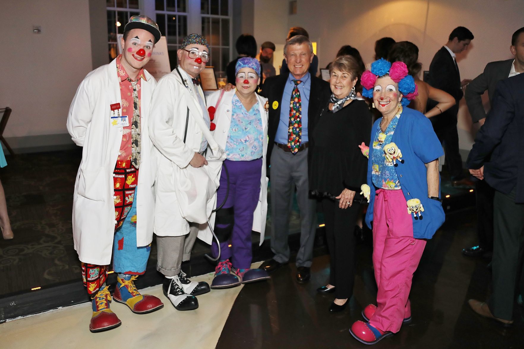 Dr. Kooky, Professor Dude, Dr. Tickles, retired President and Visionary for Clown Therapy Ted Freye and Billie Freye, Bubbles the Scrub Nurse